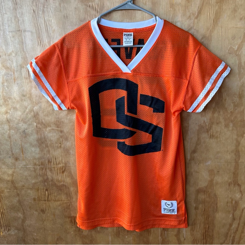 PINK Victoria's Secret Orange Mesh V-Neck Jersey with Black Logo - Picture 1 of 7
